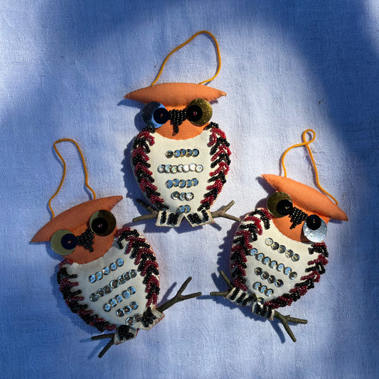 Set of 3 Bead and Sequins Owl Ornaments